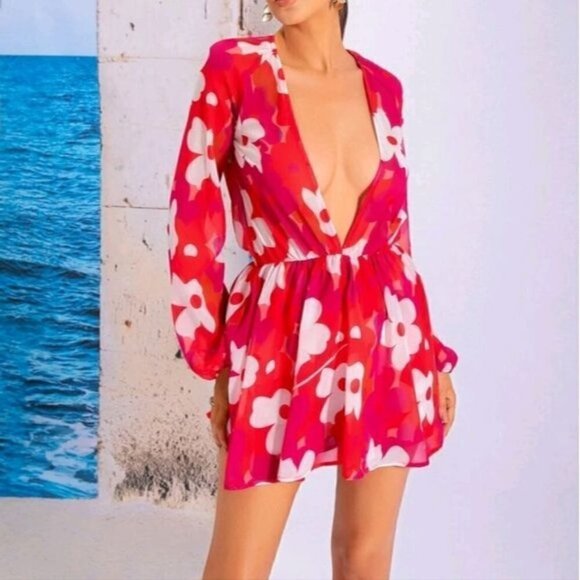 FLORAL DEEP PLUNGING DRESS - Picture 3 of 8